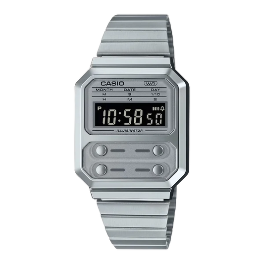 CASIO VINTAGE DIGITAL SERIES ALARM, STOPWATCH SILVER METAL BAND. A100WE-7B