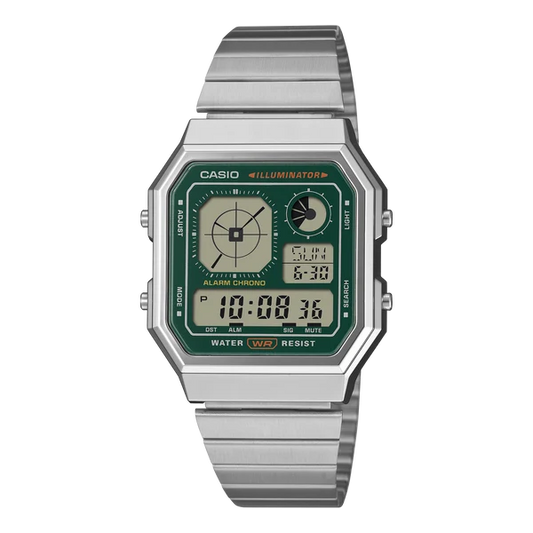 CASIO DIGITAL WATCH GREEN DIAL STAINLESS STEEL BAND. A130WE-3A