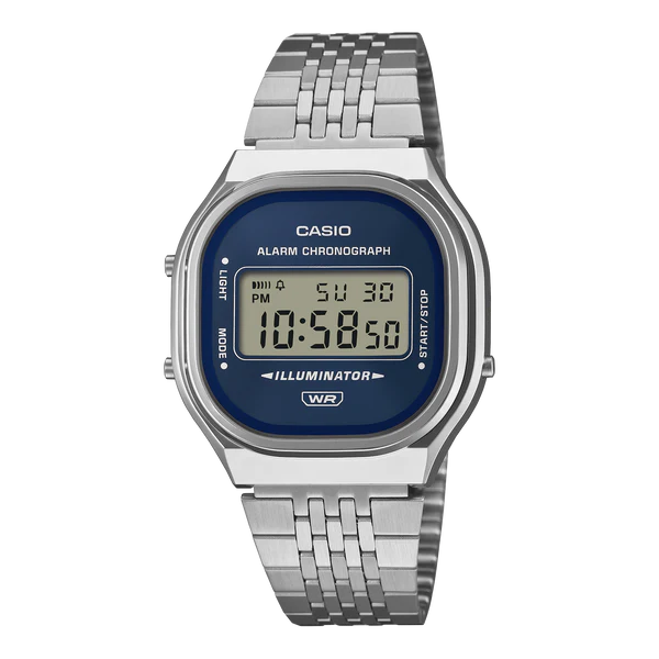 CASIO DIGITAL WATCH, BLUE FACE STAINLESS STEEL BAND. A140WE-2A