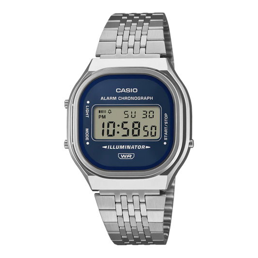 CASIO DIGITAL WATCH, BLUE FACE STAINLESS STEEL BAND. A140WE-2A