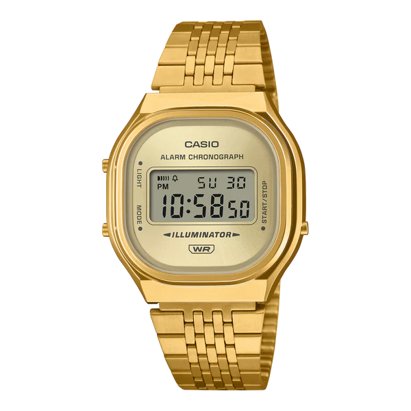 CASIO DIGITAL WATCH, GOLD FACE GOLD PLATED STAINLESS STEEL BAND.