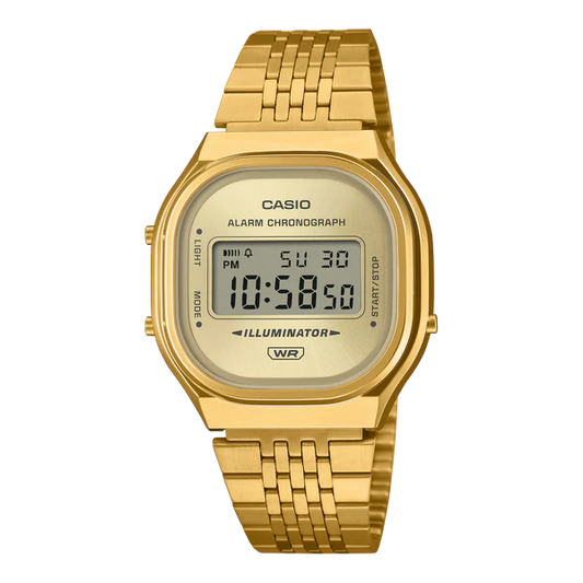 CASIO DIGITAL WATCH, GOLD FACE GOLD PLATED STAINLESS STEEL BAND.