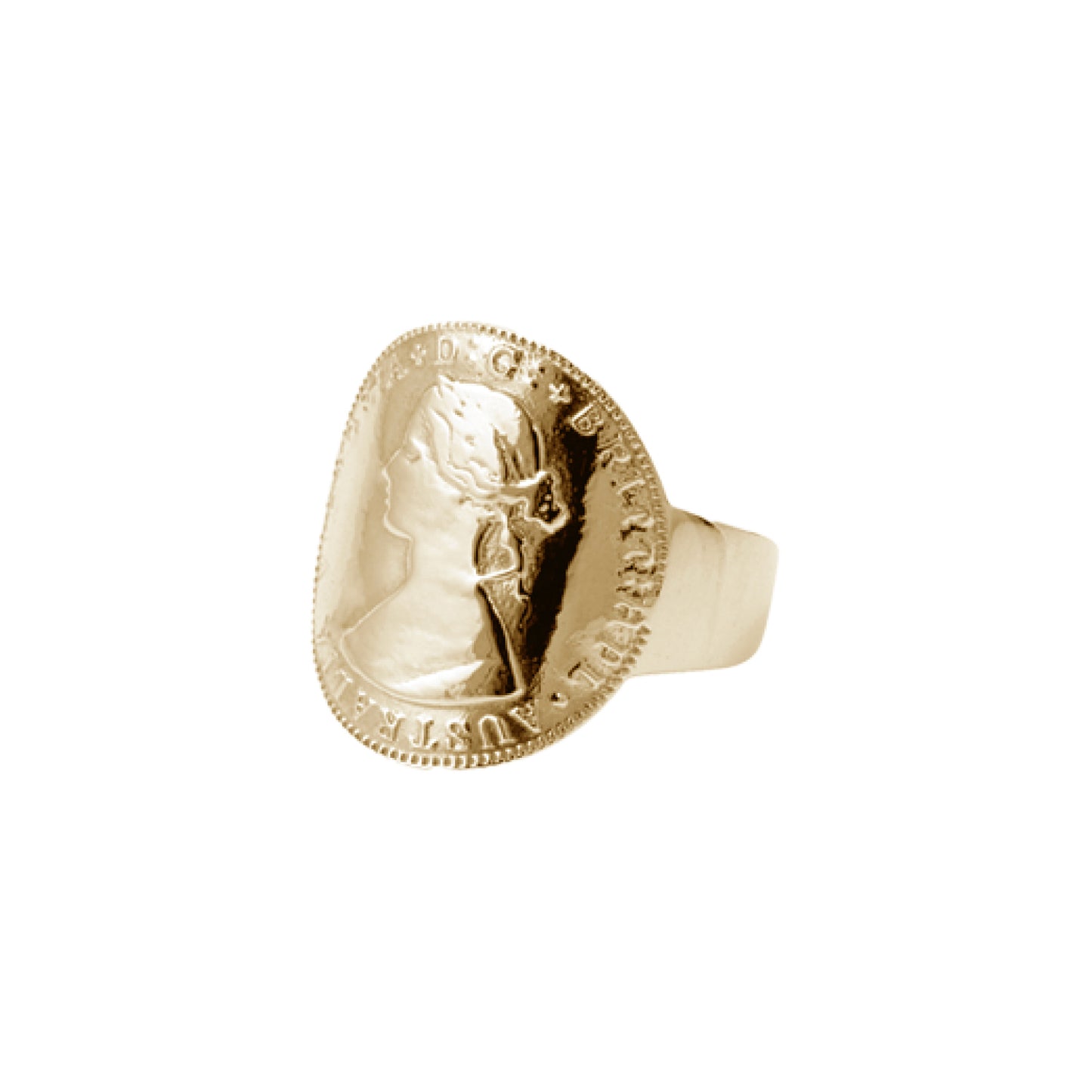 VON TRESKOW GOLD PLATED 19MM AUSTRALIAN TOKEN CURVED COIN RING.