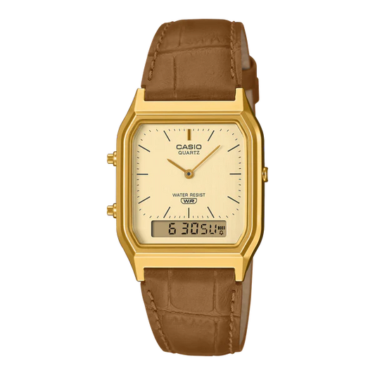 CASIO DUO WATCH GOLD PLATED CASE WITH BROWN LEATHER BAND. AQ230EGL-9A