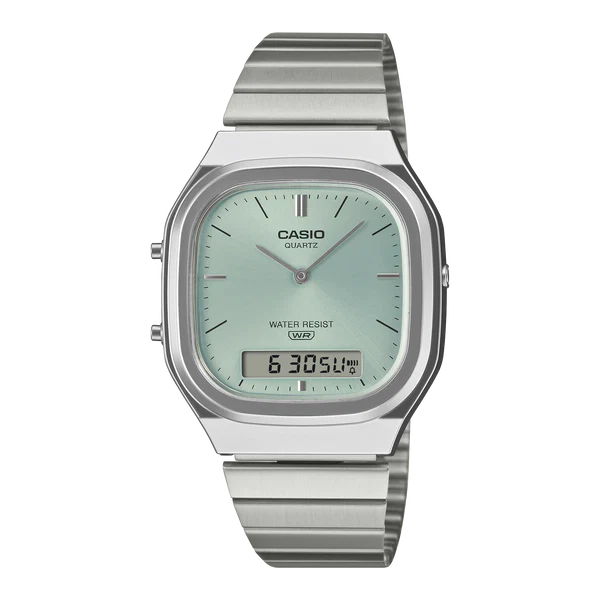 CASIO DUO SQUARE FACE, TEAL DIAL STAINLESS STEEL BAND. AQ240E-2A