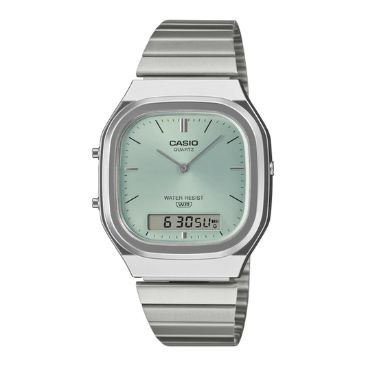 CASIO DUO SQUARE FACE, TEAL DIAL STAINLESS STEEL BAND. AQ240E-2A