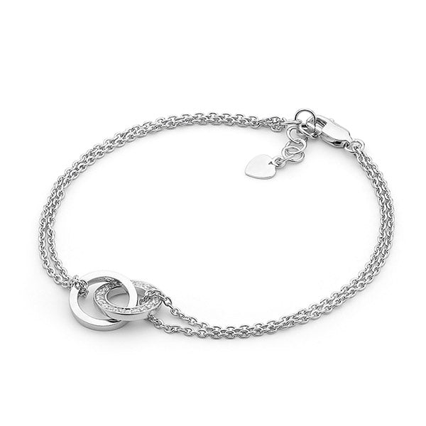ELLANI STERLING SILVER DOUBLE CHAIN BRACELET WITH CUBIC ZIRCONIA CIRCLE.B176