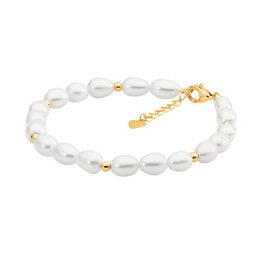 ELLANI STERLING SILVER GOLD PLATED BEADS WITH FRESHWATER PEARL 19CM BRACELET. B229G