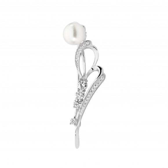 ELLANI STERLING SILVER RHODIUM PLATED FRESHWATER PEARL AND CUBIC ZIRCONIA BROOCH. BR111