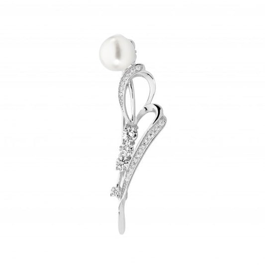 ELLANI STERLING SILVER RHODIUM PLATED FRESHWATER PEARL AND CUBIC ZIRCONIA BROOCH. BR111