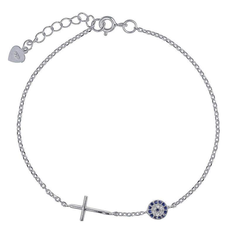 STERLING SILVER 19CM RHODIUM PLATED CUBIC ZIRCONIA EYE AND CROSS BRACELET