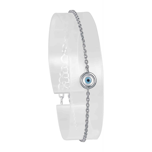 STERLING SILVER RHODIUM PLATED 19CM BRACELET WITH BEZEL SET EVIL EYE