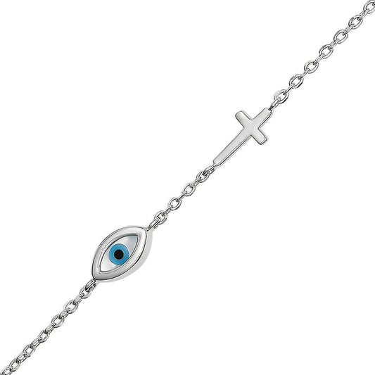 STERLING SILVER RHODIUM PLATED EVIL EYE AND CROSS 19CM BRACELET