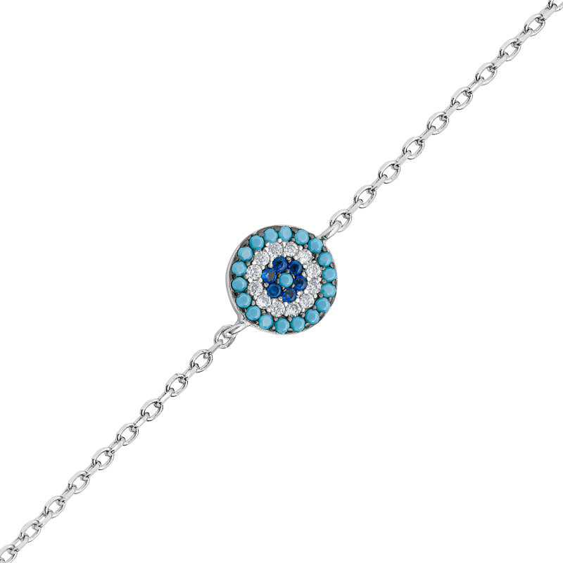 STERLING SILVER BLUE AND WHITE CUBIC WITH TURQUOISE EVIL EYE BRACELET