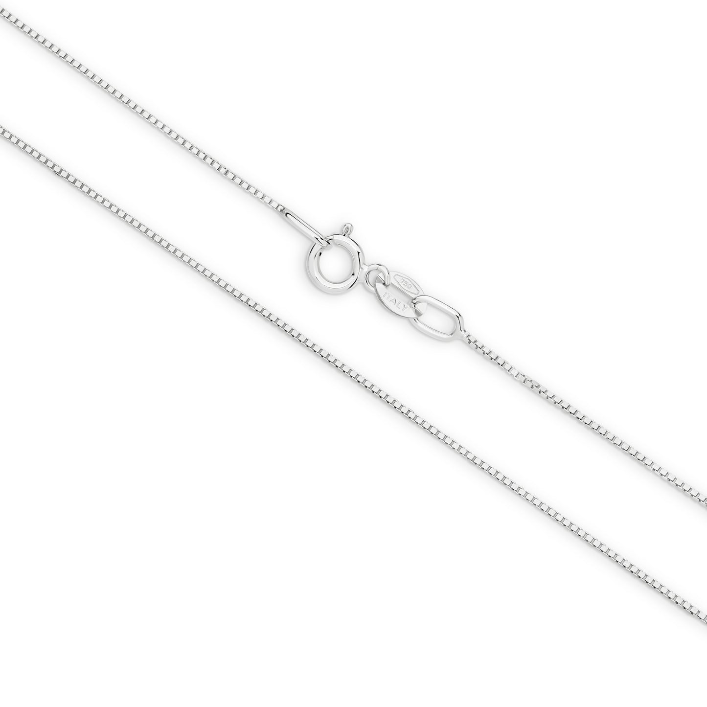 18CT WHITE GOLD ITALIAN 45CM X .6MM BOX CHAIN 1.42GRAMS.