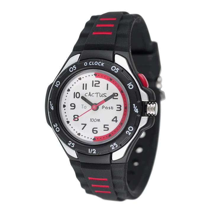 CACTUS ANALOGUE WATCH TIME TEACHER BLACK AND RED RESIN BAND. CAC-116-M02