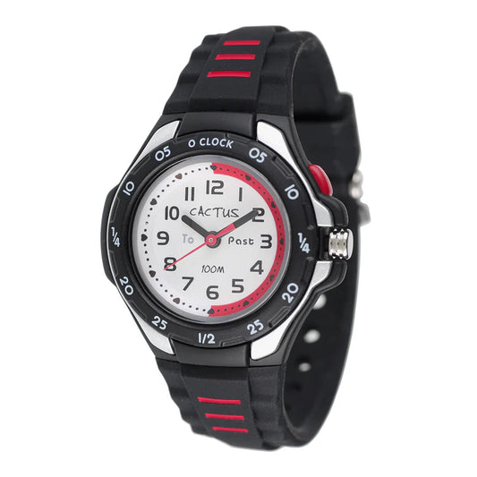 CACTUS ANALOGUE WATCH TIME TEACHER BLACK AND RED RESIN BAND. CAC-116-M02