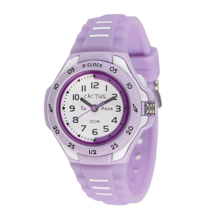 CACTUS ANALOGUE WATCH TIME TEACHER PURPLE CASE AND RESIN BAND. CAC-116-M09