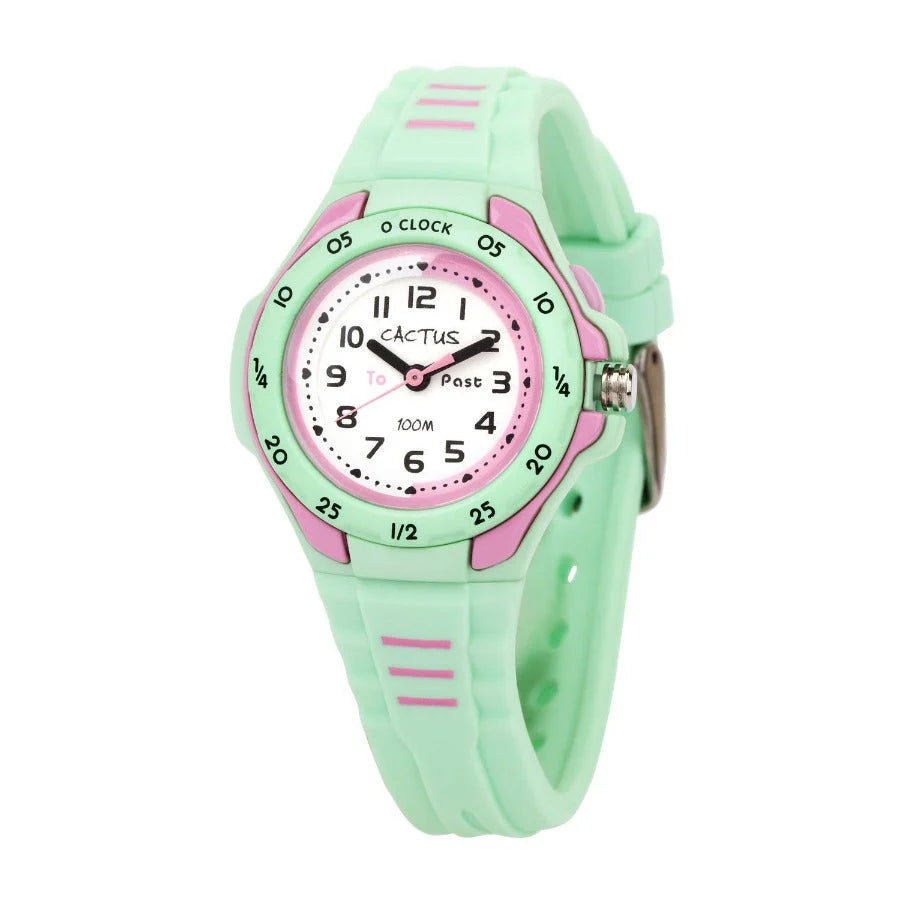 CACTUS ANALOGUE WATCH TIME TEACHER MINT GREEN AND PINK RESIN BAND. CAC116-M12