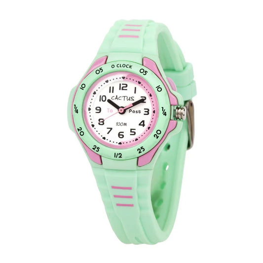 CACTUS ANALOGUE WATCH TIME TEACHER MINT GREEN AND PINK RESIN BAND. CAC116-M12
