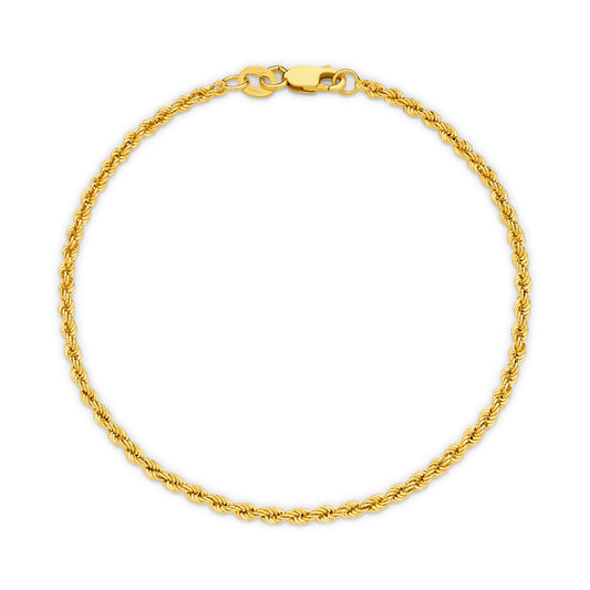9CT YELLOW GOLD ITALIAN 19CM X 2.18MM DIAMOND CUT ROPE BRACELET.
