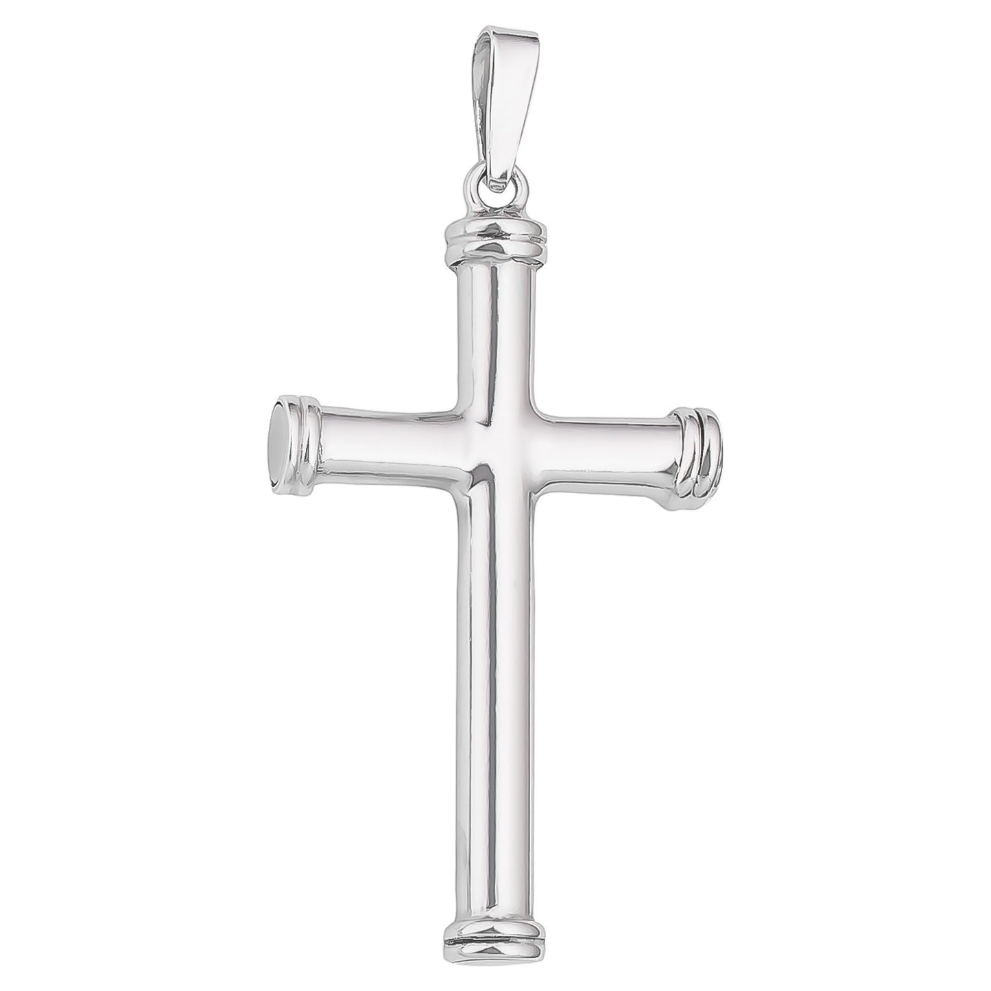 STERLING SILVER RHODIUM PLATED 39MM X 24MM TUBULAR CROSS PENDANT.