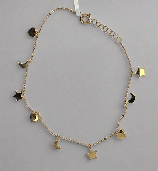 9CT YELLOW GOLD STAR,MOON AND HEART 19CM BRACELET.