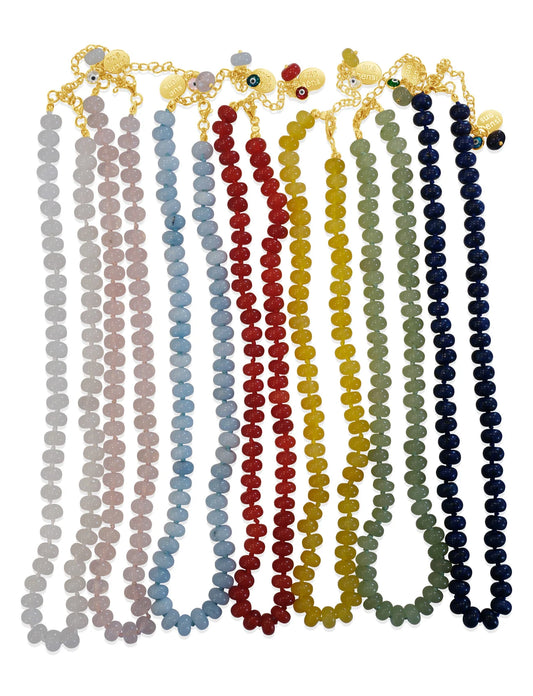 SUE SENSI GOLD PLATED WISH STONE AQUAMARINE QUARTZ 45CM NECKLACE.