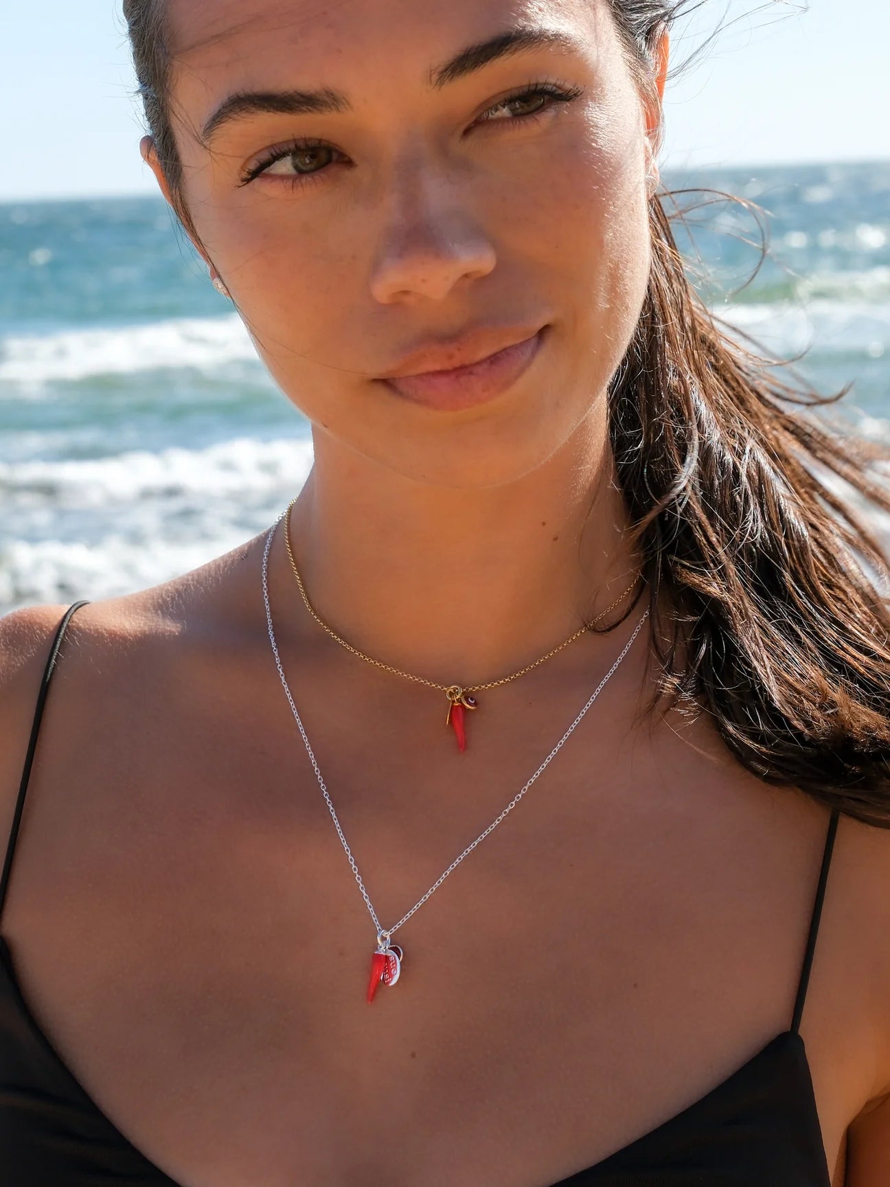 SUE SENSI GOLD PLATED CHILLI 45CM NECKLACE WITH RED CHILLI AND EVIL EYE