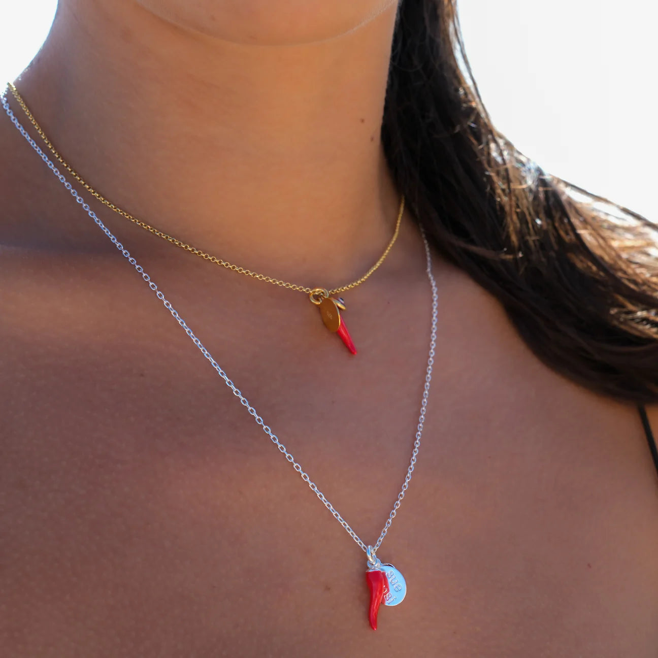 SUE SENSI GOLD PLATED CHILLI 45CM NECKLACE WITH RED CHILLI AND EVIL EYE