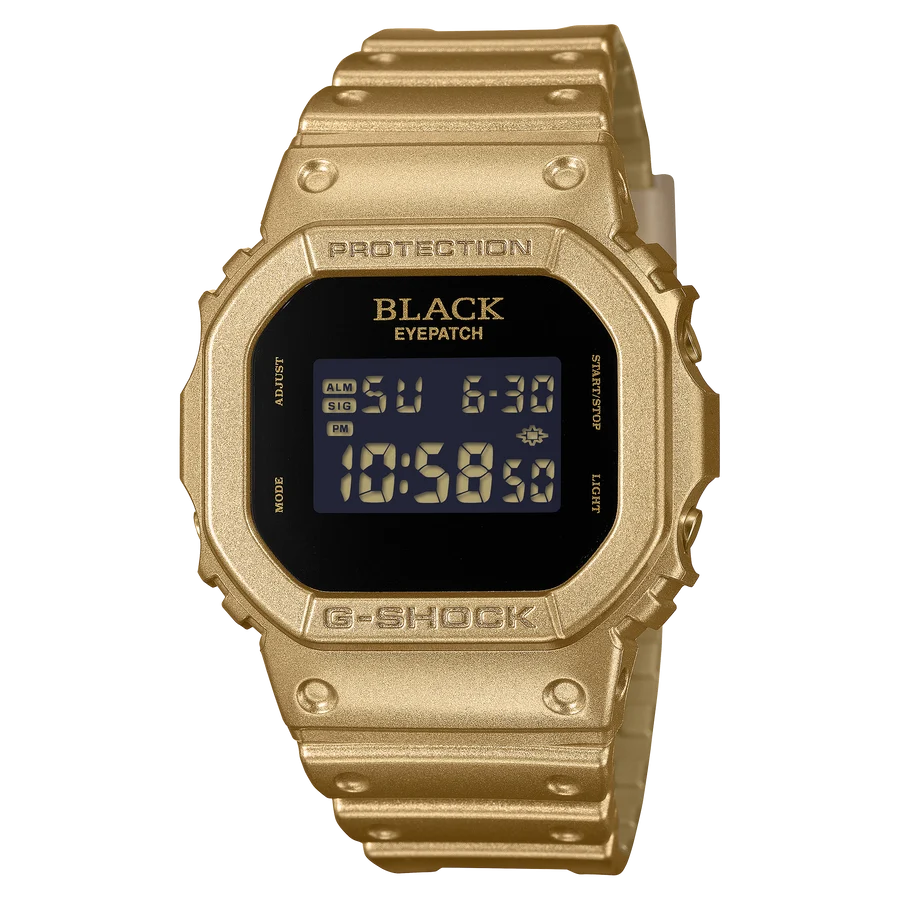 G-SHOCK DIGITAL BLACK EYE PACTH GOLD COLOUR CASE AND RESIN BAND DW5600BEP-9D.