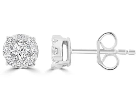 9CT WHITE GOLD DIAMOND CLUSTER STUD EARRINGS.