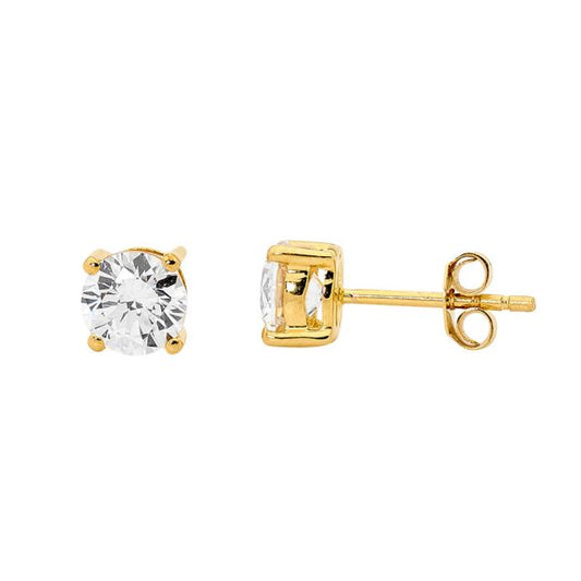 ELLANI STERLING SILVER GOLD PLATED 5MM ROUND CUBIC ZIRCONIA STUD EARRINGS. E130G-5