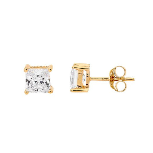 ELLANI STERLING SILVER GOLD PLATED 5MM PRINCESS CUT CLAW SET CUBIC ZIRCONIA STUD EARRINGS. E133G-5