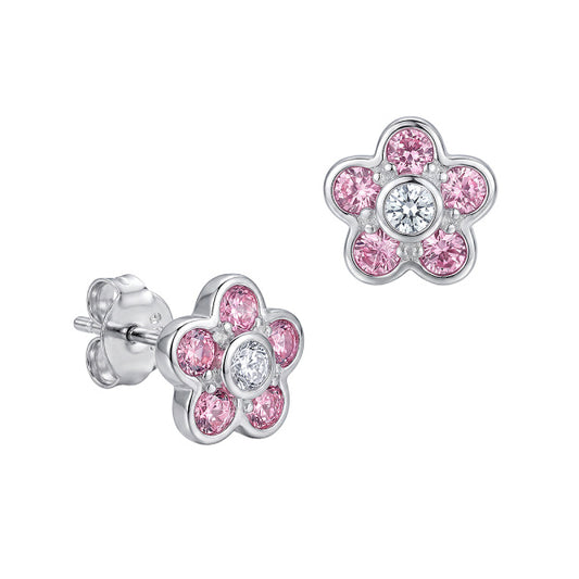 STERLING SILVER PINK AND CLEAR CUBIC ZIRCONIA 7MM FLOWER STUDS