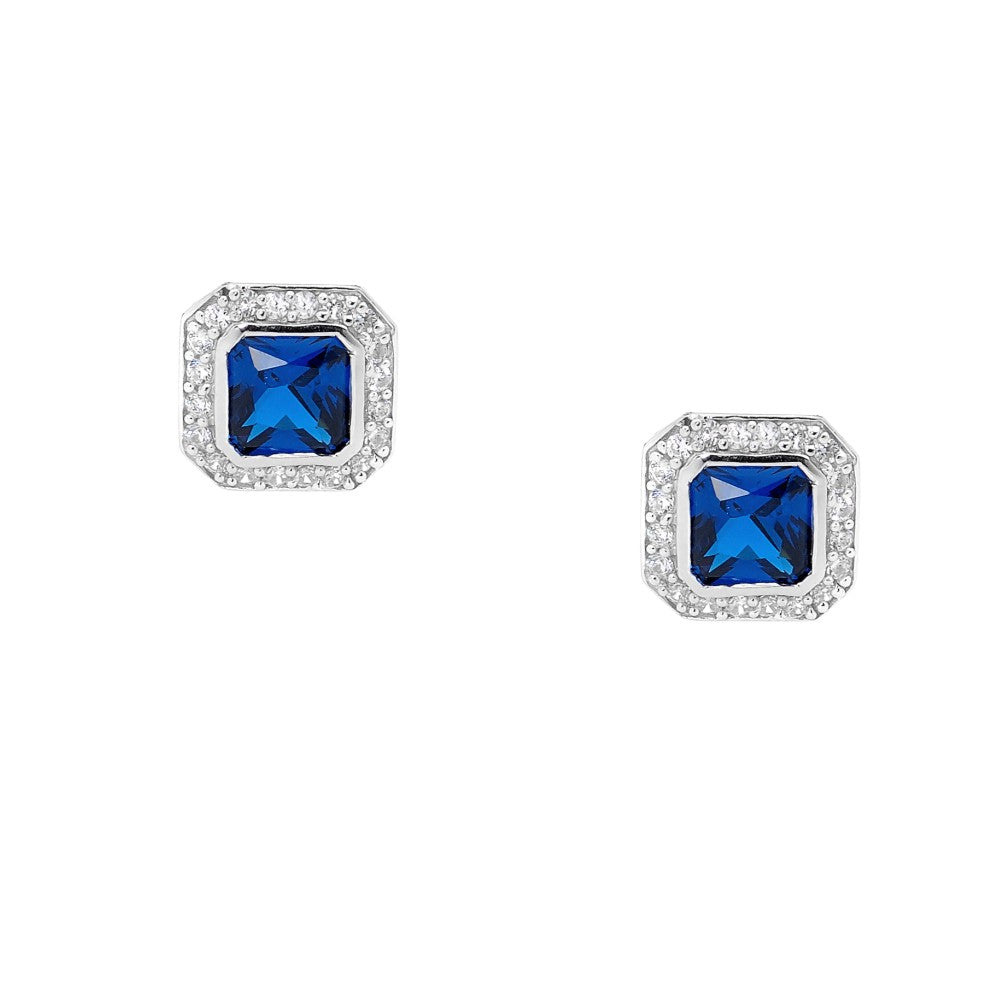 ELLANI STERLING SILVER BLUE CUBIC ZIRCONIA RADIANT CUT STUD EARRINGS E225BL