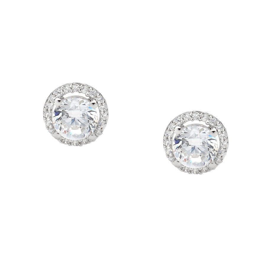 ELLANI STERLING SILVER CUBIC ZIRCONIA SOLITAIRE WITH HALO STUD EARRINGS E289W