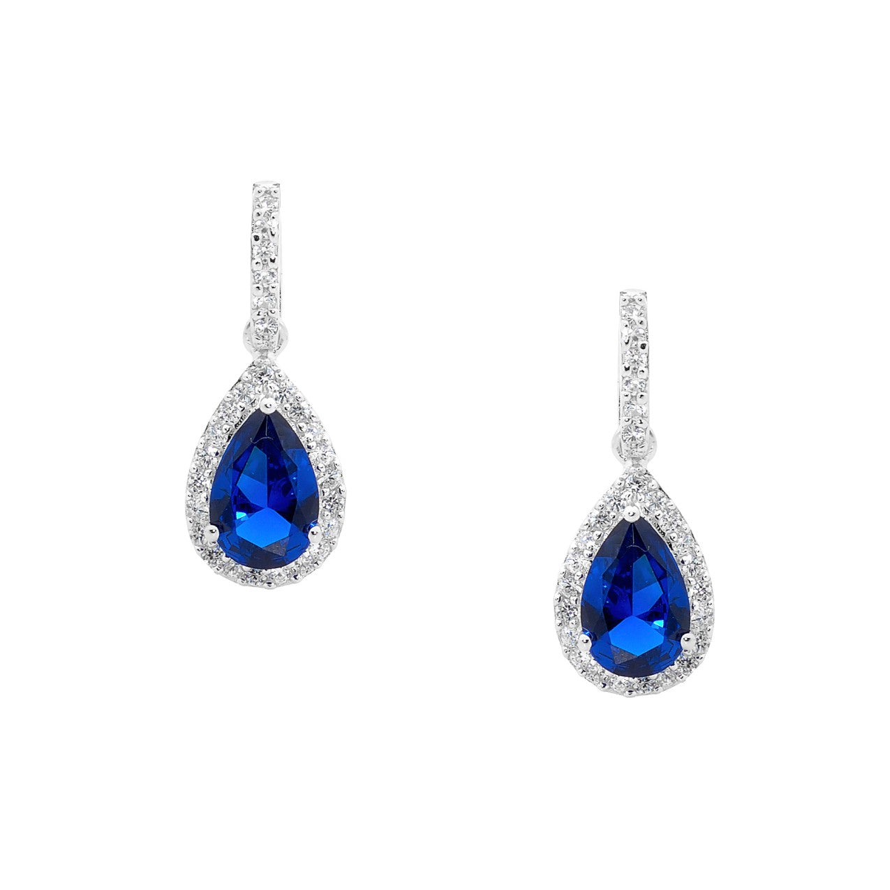 ELLANI STERLING SILVER BLUE CUBIC ZIRCONIA PEAR DROP EARRINGS EARRINGS. E327DB