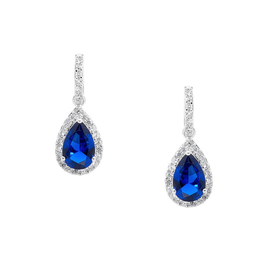 ELLANI STERLING SILVER BLUE CUBIC ZIRCONIA PEAR DROP EARRINGS EARRINGS. E327DB