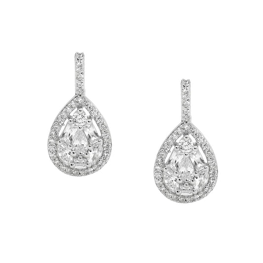 ELLANI STERLING SILVER RHODIUM PLATED CUBIC ZIRCONIA DROP PEAR CLUSTER EARRINGS E359