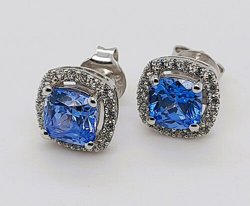 ELLANI STERLING SILVER BLUE CUBIC ZIRCONIA CUSHION CUT STUD EARRINGS. E388FB