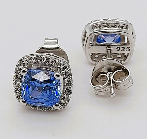 ELLANI STERLING SILVER BLUE CUBIC ZIRCONIA CUSHION CUT STUD EARRINGS. E388FB