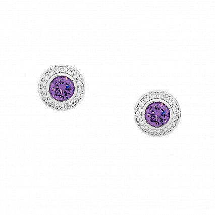 ELLANI STERLING SILVER RHODIUM PLATED ROUND AMETHYST CUBIC ZIRCONIA HALO STUD EARRINGS. E390A