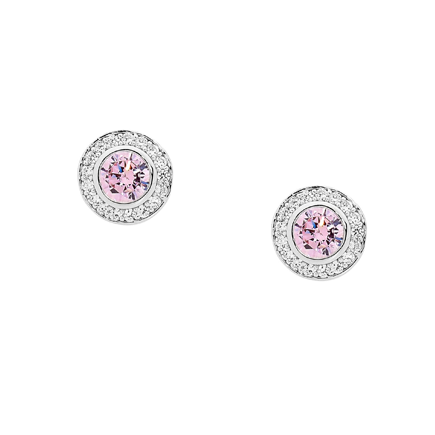 ELLANI STERLING SILVER RHODIUM PLATED LIGHT PINK CUBIC ZIRCONIA HALO STUD EARRINGS. E390LP