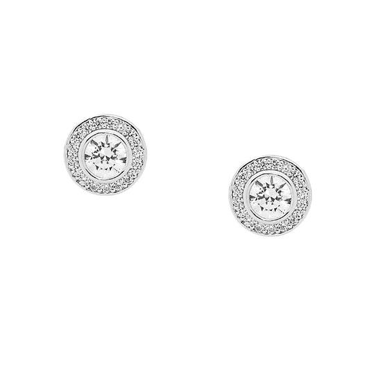 ELLANI STERLING SILVER BEZEL SET ROUND CUBIC ZIRCONIA STUD EARRINGS. E390W