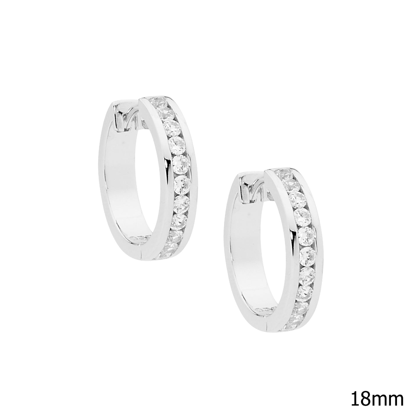 ELLANI STERLING SILVER RHODIUM PLATED CUBIC ZIRCONIA CHANNEL SET 18MM HUGGIE EARRINGS. E395W