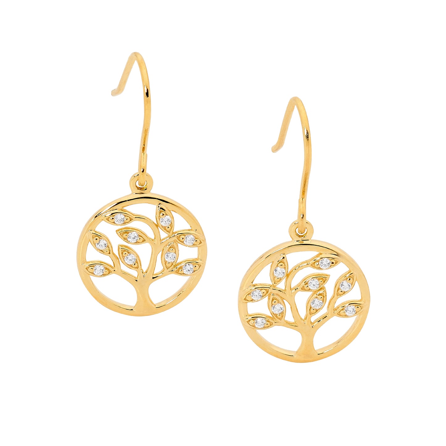 ELLANI GOLD PLATED TREE OF LIFE HOOK EARRINGS WITH CUBIC ZIRCONIA. E400G