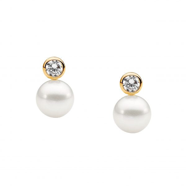 ELLANI STERLING SILVER GOLD PLATED 4MM BEZEL SET ROUND CUBIC ZIRCONIA AND 8.5MM FRESHWATER PEARL STUD EARRINGS