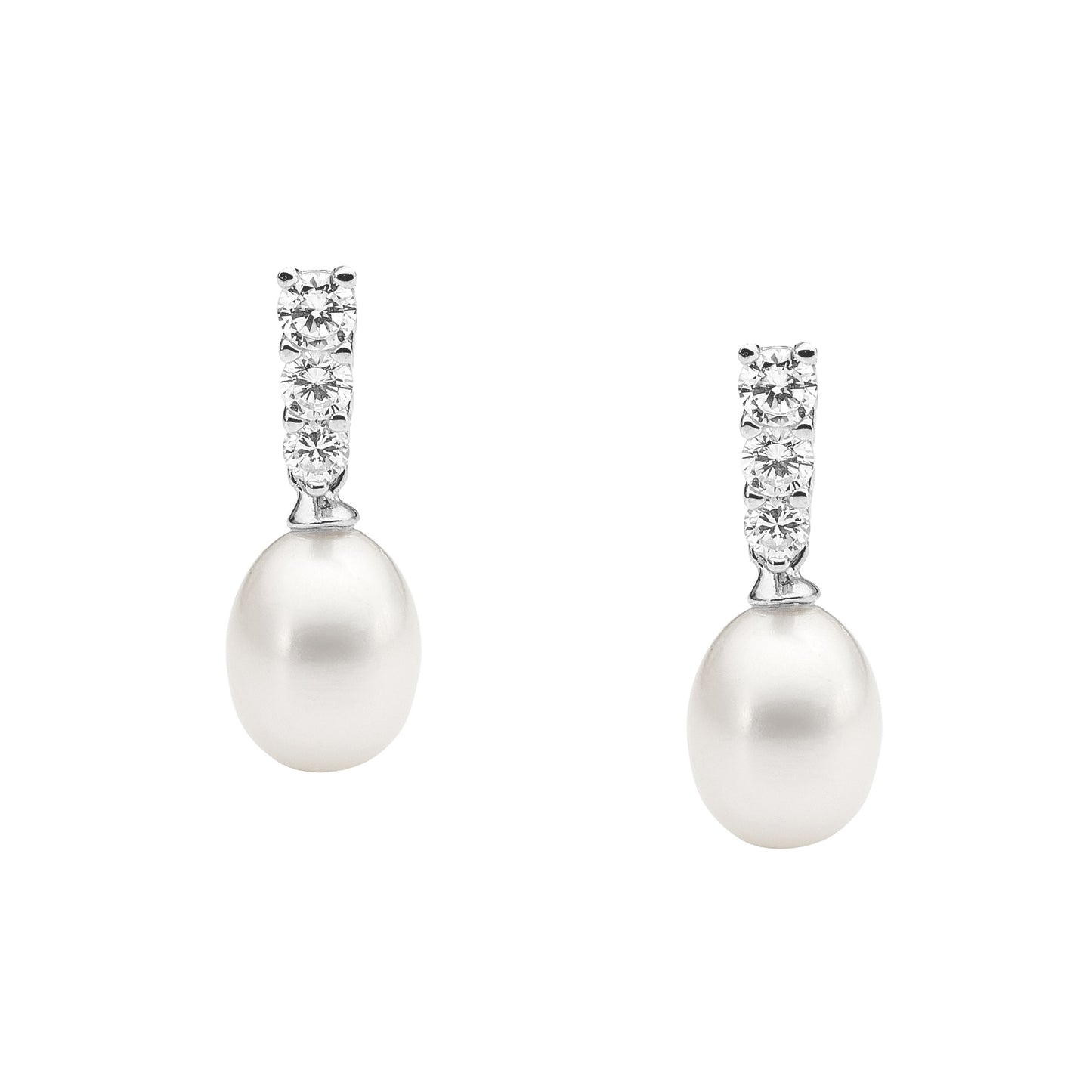 ELLANI STERLING SILVER RHODIUM PLATED 3 ROUND CUBIC ZIRCONIA & FRESHWATER PEARL DROP EARRINGS. E429