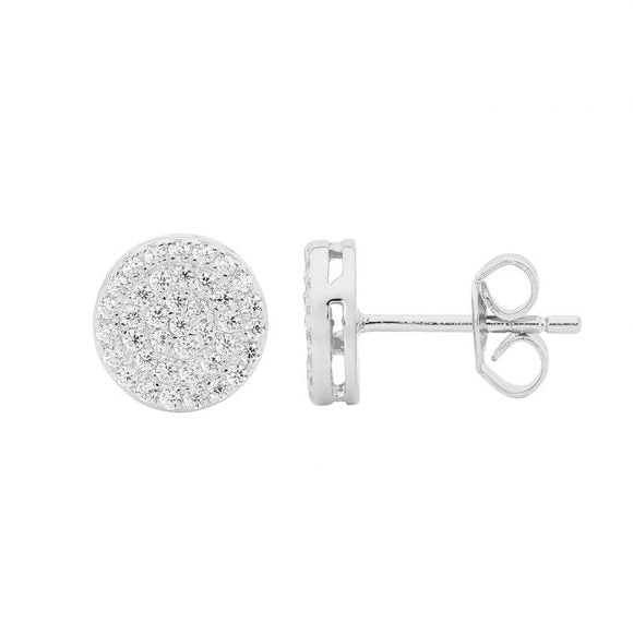 ELLANI STERLING SILVER CUBIC ZIRCONIA PAVE 8MM CIRCLE STUD EARRINGS. E475S